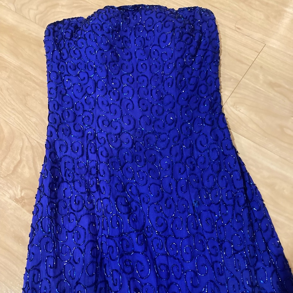 blue beaded dress, Brand unknown, 12 in. Across bust, 11 1/2 in. Across waist